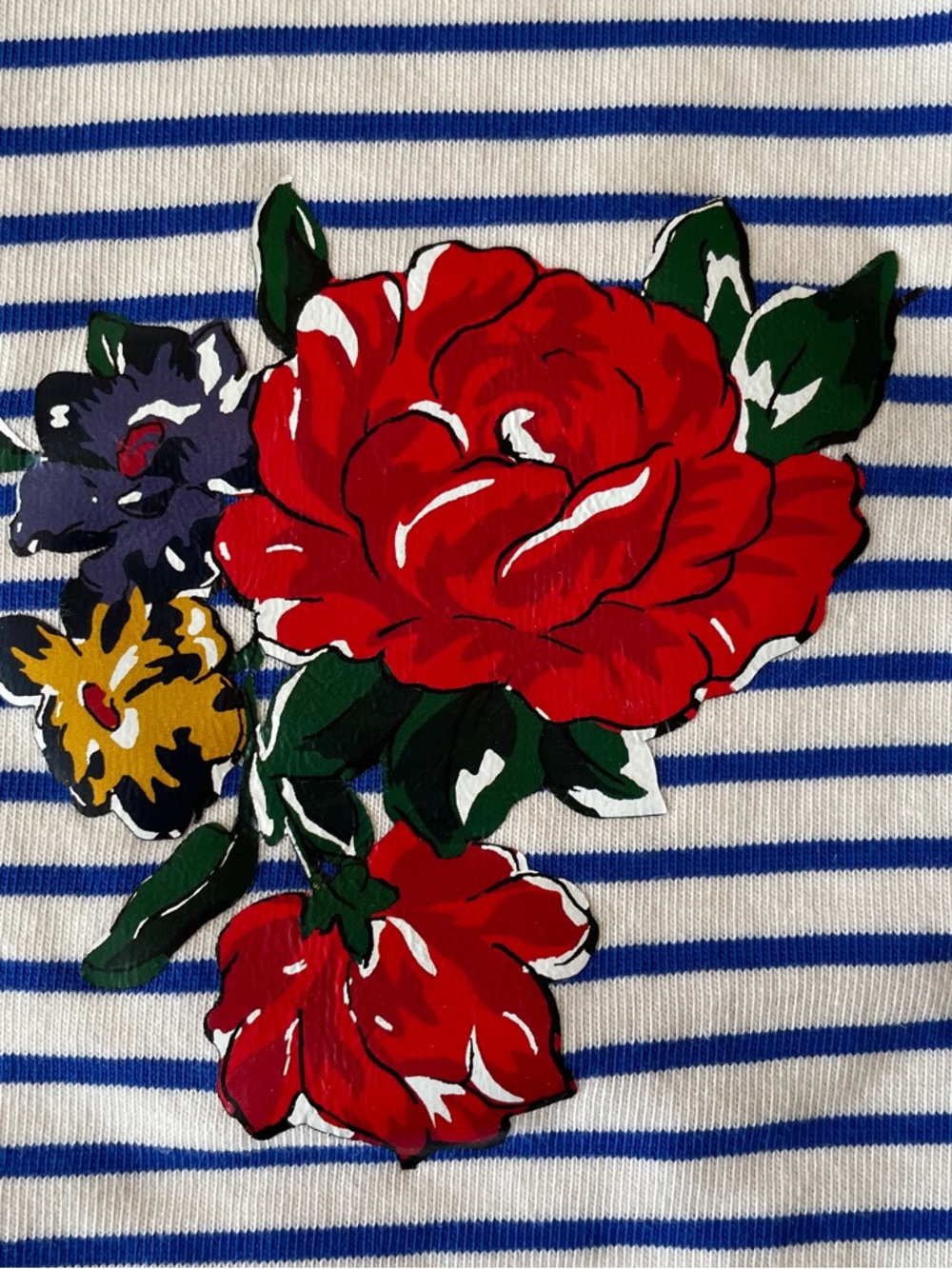 Tory Burch Top M Striped Tee White with Blue Stripes with Red Floral Accents - Picture 4 of 10